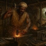 Walukaga forging glowing iron in a traditional Buganda workshop while teaching apprentices the art of blacksmithing.