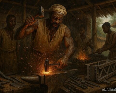 Walukaga forging glowing iron in a traditional Buganda workshop while teaching apprentices the art of blacksmithing.