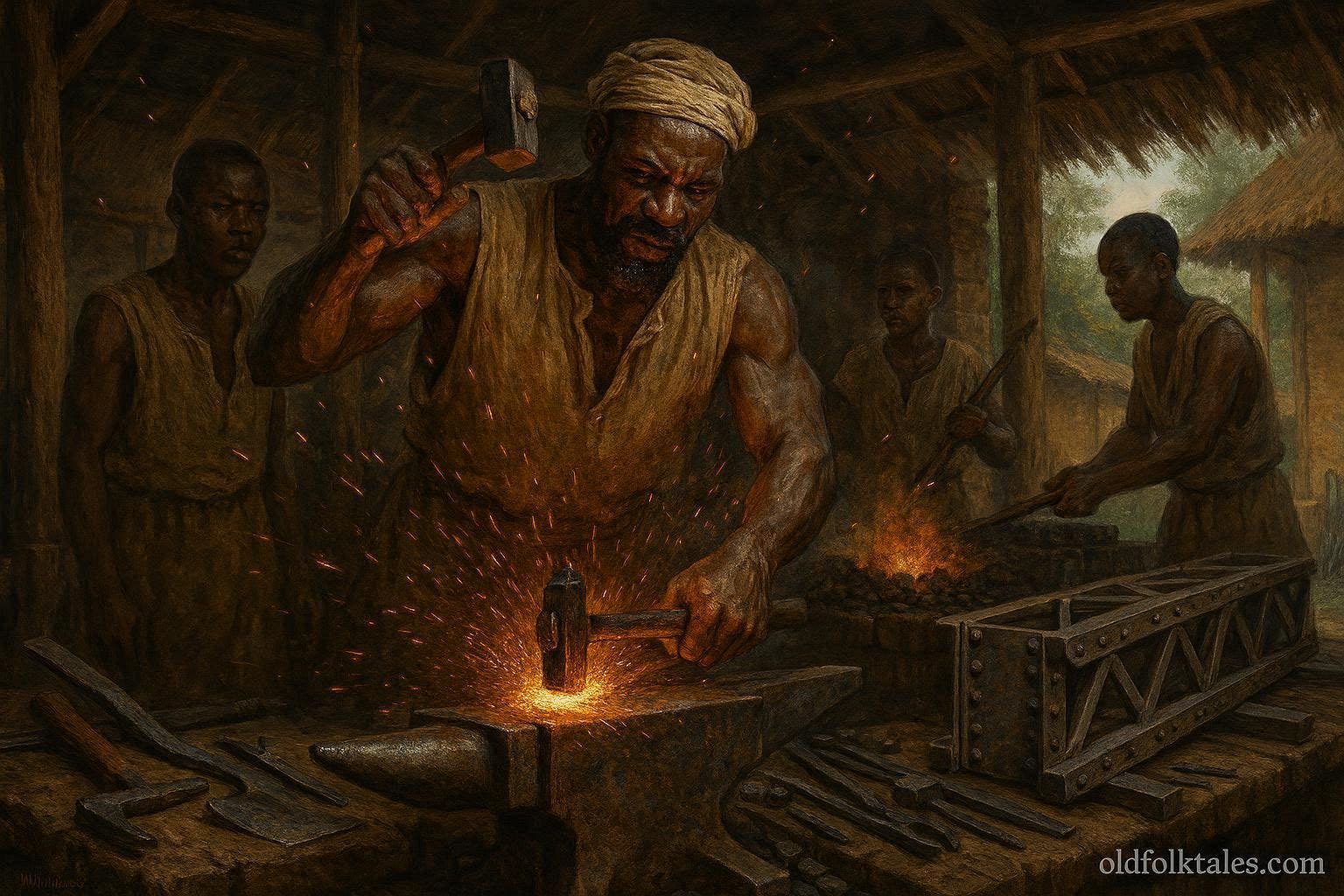 Walukaga forging glowing iron in a traditional Buganda workshop while teaching apprentices the art of blacksmithing.