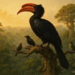 A hornbill resting high in a tall rainforest tree after learning the value of humility and cooperation.
