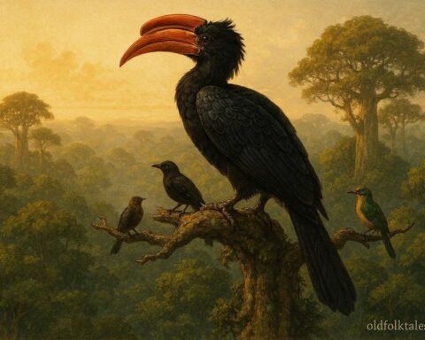 A hornbill resting high in a tall rainforest tree after learning the value of humility and cooperation.