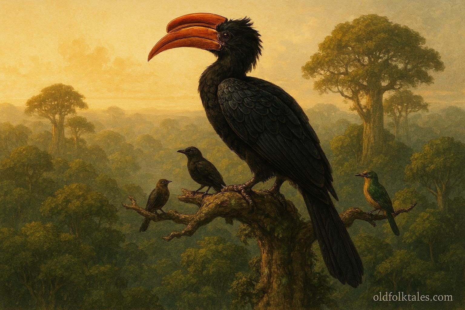 A hornbill resting high in a tall rainforest tree after learning the value of humility and cooperation.