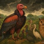 A proud vulture with magnificent feathers standing among birds before a storm in a traditional Nigerian folktale.