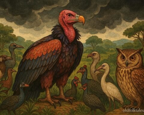 A proud vulture with magnificent feathers standing among birds before a storm in a traditional Nigerian folktale.
