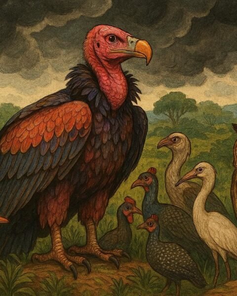 A proud vulture with magnificent feathers standing among birds before a storm in a traditional Nigerian folktale.