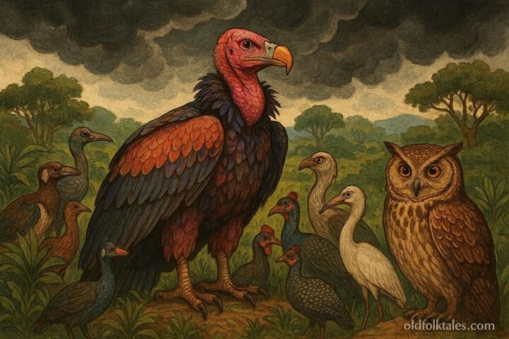 A proud vulture with magnificent feathers standing among birds before a storm in a traditional Nigerian folktale.