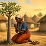 A Wolof woman praying beside a young baobab tree at sunrise in a traditional Gambian village.