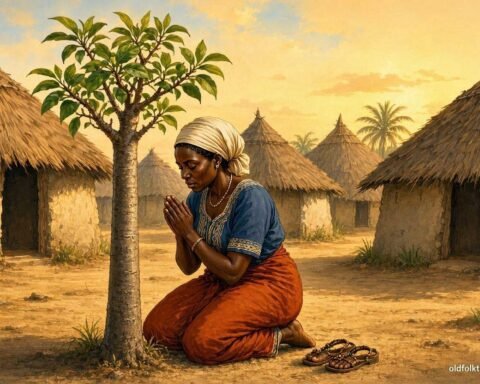 A Wolof woman praying beside a young baobab tree at sunrise in a traditional Gambian village.