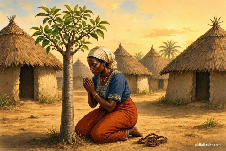 A Wolof woman praying beside a young baobab tree at sunrise in a traditional Gambian village.