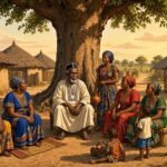 An elderly Wolof patriarch introduces his new wife to his family in a traditional Gambian village surrounded by thatched homes.