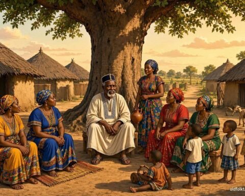 An elderly Wolof patriarch introduces his new wife to his family in a traditional Gambian village surrounded by thatched homes.