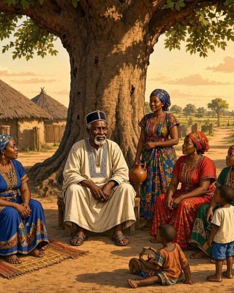 An elderly Wolof patriarch introduces his new wife to his family in a traditional Gambian village surrounded by thatched homes.