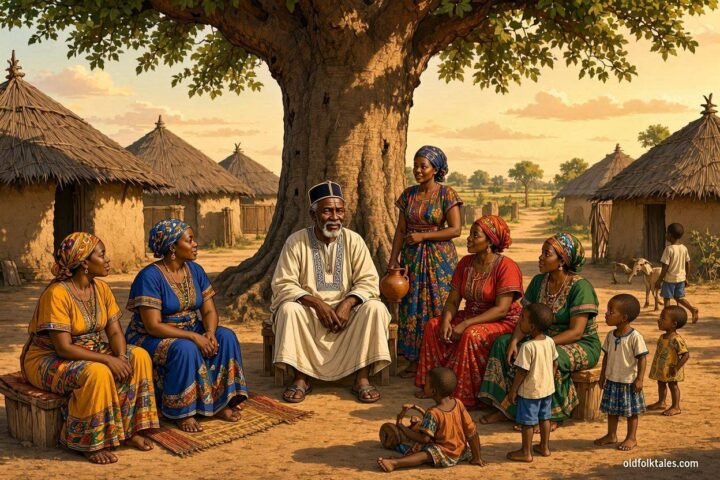 An elderly Wolof patriarch introduces his new wife to his family in a traditional Gambian village surrounded by thatched homes.