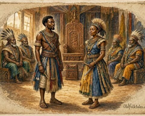 Parchment style illustration of Prince Chibinda Ilunga and Princess Lueji standing before Lunda chiefs in a royal gathering.