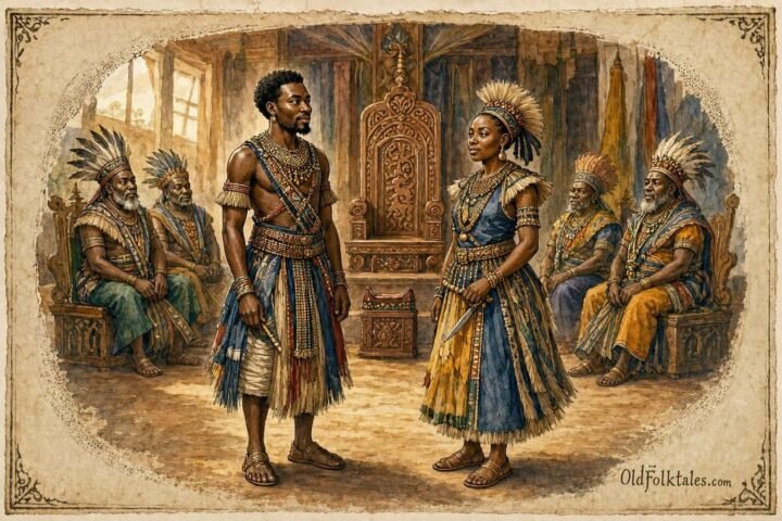Parchment style illustration of Prince Chibinda Ilunga and Princess Lueji standing before Lunda chiefs in a royal gathering.