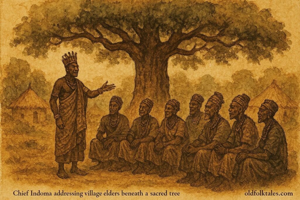 Parchment-style illustration of Chief Indoma addressing Ikom elders about ending human sacrifices in Southern Nigeria.