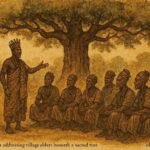 Parchment-style illustration of Chief Indoma addressing Ikom elders about ending human sacrifices in Southern Nigeria.
