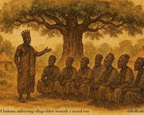 Parchment-style illustration of Chief Indoma addressing Ikom elders about ending human sacrifices in Southern Nigeria.
