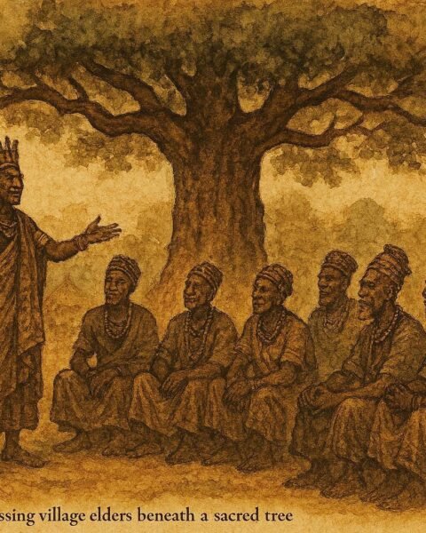 Parchment-style illustration of Chief Indoma addressing Ikom elders about ending human sacrifices in Southern Nigeria.