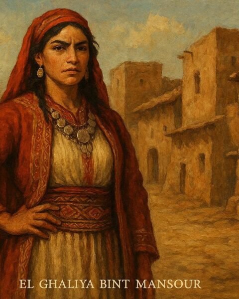 Illustration of El Ghaliya bint Mansour, an Arab Moroccan heroine who overcame betrayal through courage, loyalty, and justice.