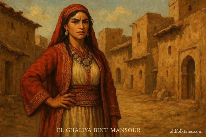 Illustration of El Ghaliya bint Mansour, an Arab Moroccan heroine who overcame betrayal through courage, loyalty, and justice.