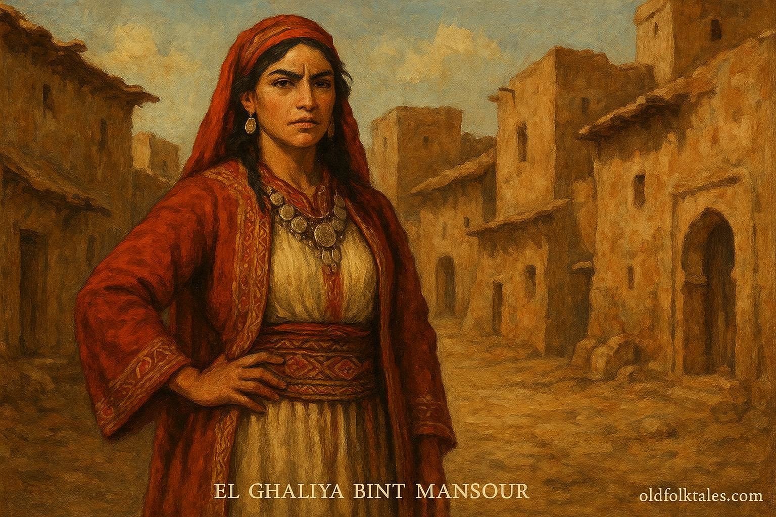 Illustration of El Ghaliya bint Mansour, an Arab Moroccan heroine who overcame betrayal through courage, loyalty, and justice.