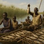 Traditional Nuer and Shilluk fishing camp in the Sudd wetlands of South Sudan.