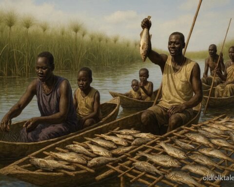 Traditional Nuer and Shilluk fishing camp in the Sudd wetlands of South Sudan.
