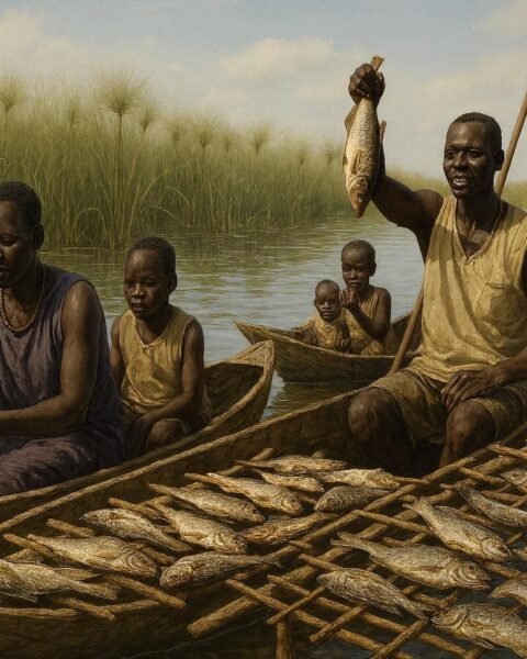 Traditional Nuer and Shilluk fishing camp in the Sudd wetlands of South Sudan.