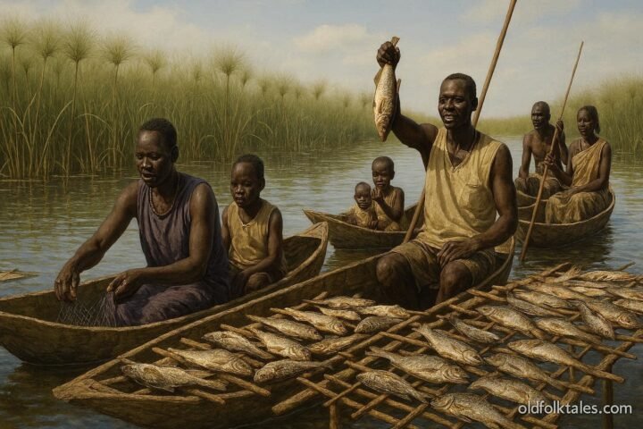 Traditional Nuer and Shilluk fishing camp in the Sudd wetlands of South Sudan.