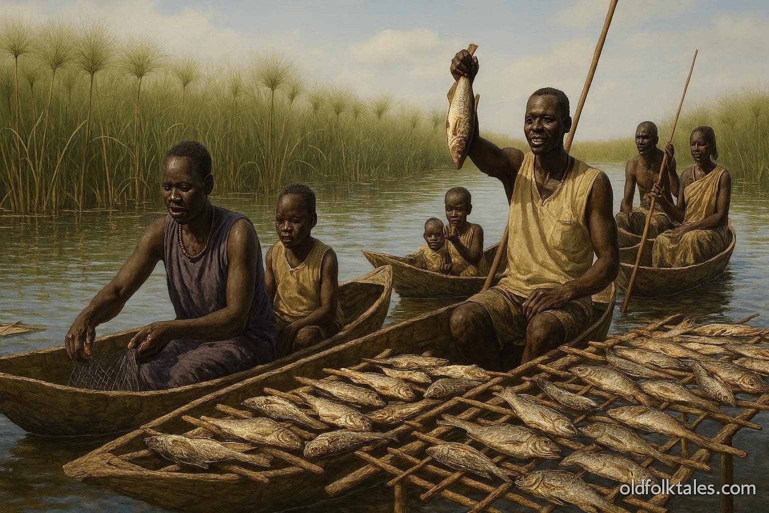 Traditional Nuer and Shilluk fishing camp in the Sudd wetlands of South Sudan.