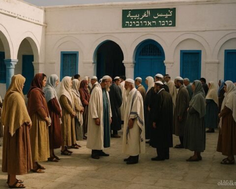 Pilgrims gathered outside the historic Ghriba Synagogue during the annual pilgrimage on Djerba Island, Tunisia.