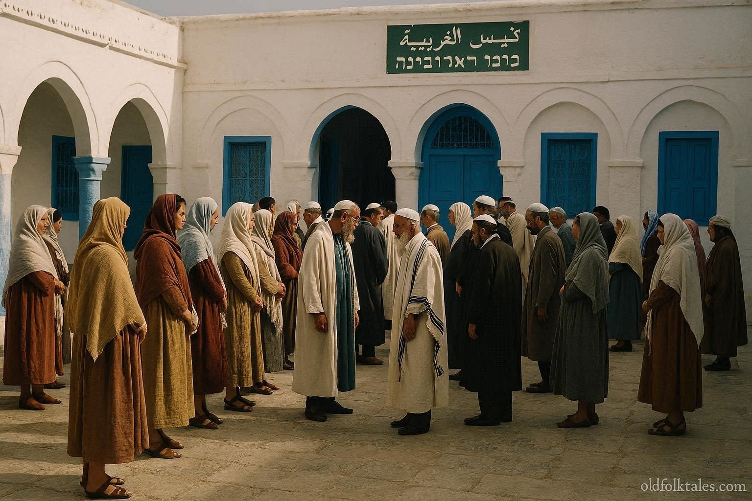Pilgrims gathered outside the historic Ghriba Synagogue during the annual pilgrimage on Djerba Island, Tunisia.