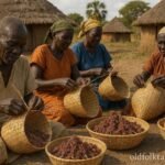 Azande artisans weaving traditional grain baskets in Western Equatoria, South Sudan.