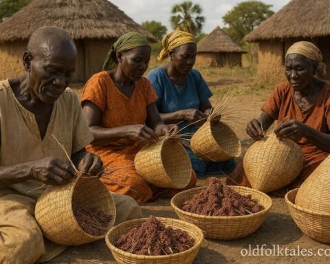 Azande artisans weaving traditional grain baskets in Western Equatoria, South Sudan.