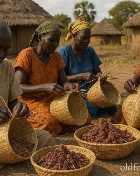 Azande artisans weaving traditional grain baskets in Western Equatoria, South Sudan.