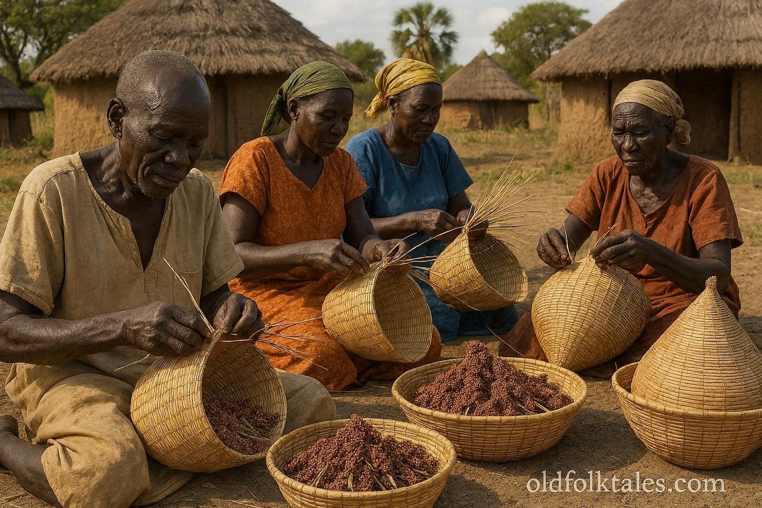 Azande artisans weaving traditional grain baskets in Western Equatoria, South Sudan.