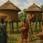 Traditional Azande granaries used to store harvested grain in a rural South Sudan village.
