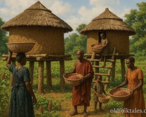 Traditional Azande granaries used to store harvested grain in a rural South Sudan village.