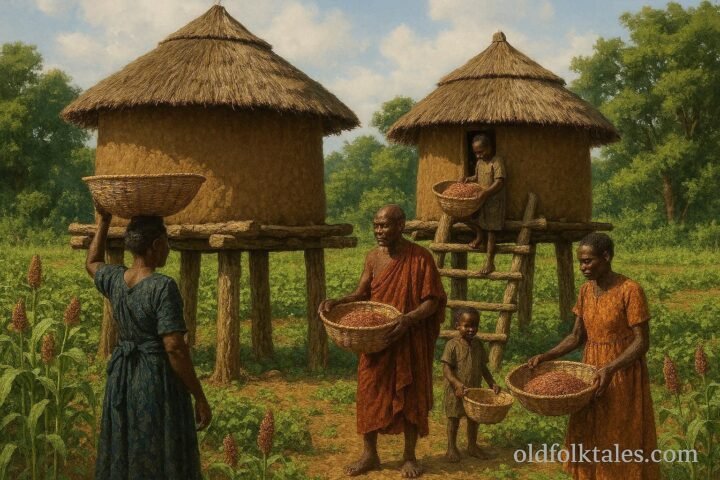 Traditional Azande granaries used to store harvested grain in a rural South Sudan village.
