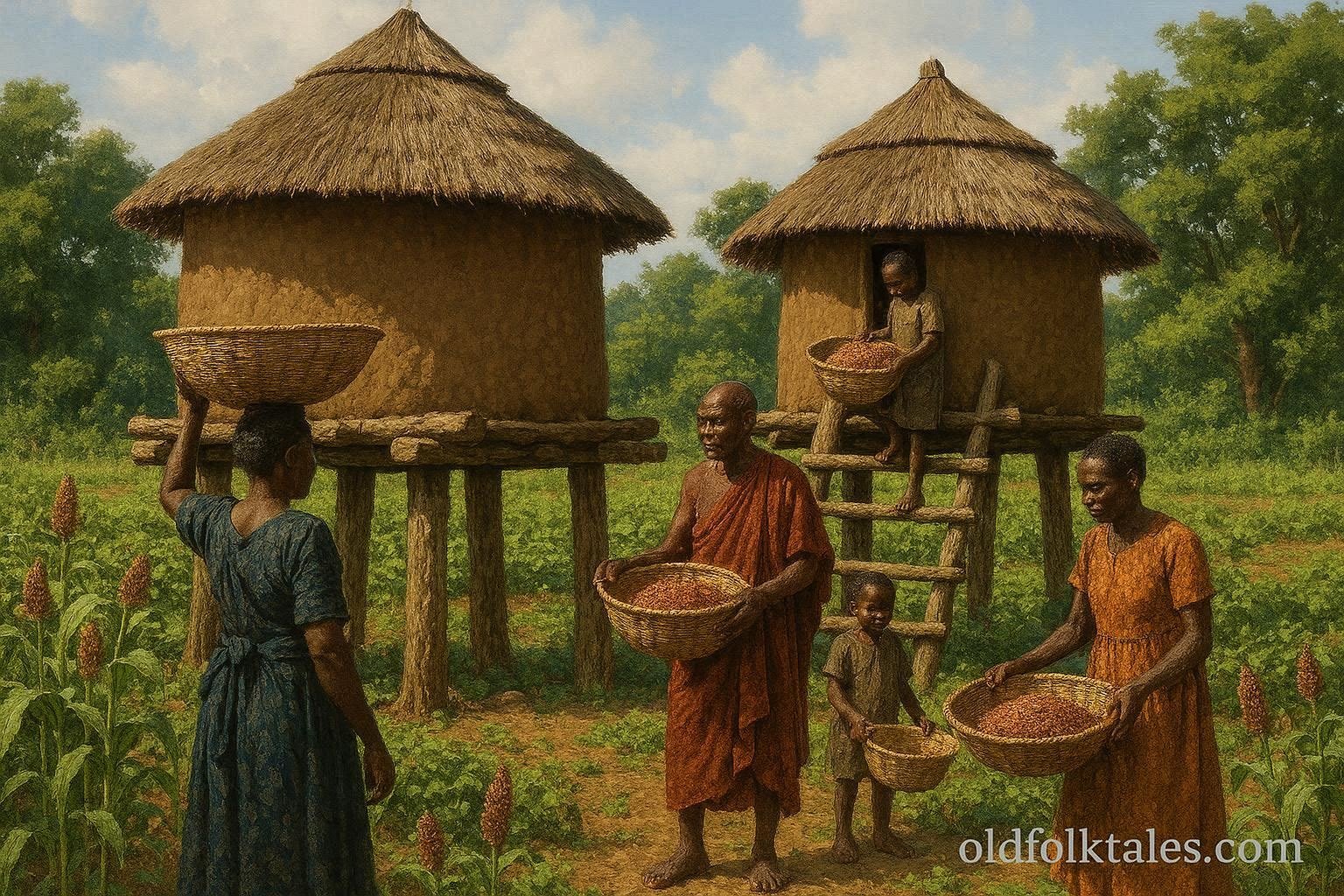 Traditional Azande granaries used to store harvested grain in a rural South Sudan village.