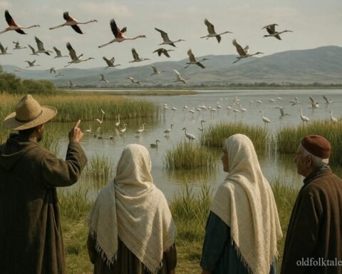 Adult villagers overlooking migratory birds at the wetlands of Lake Ichkeul in northern Tunisia.