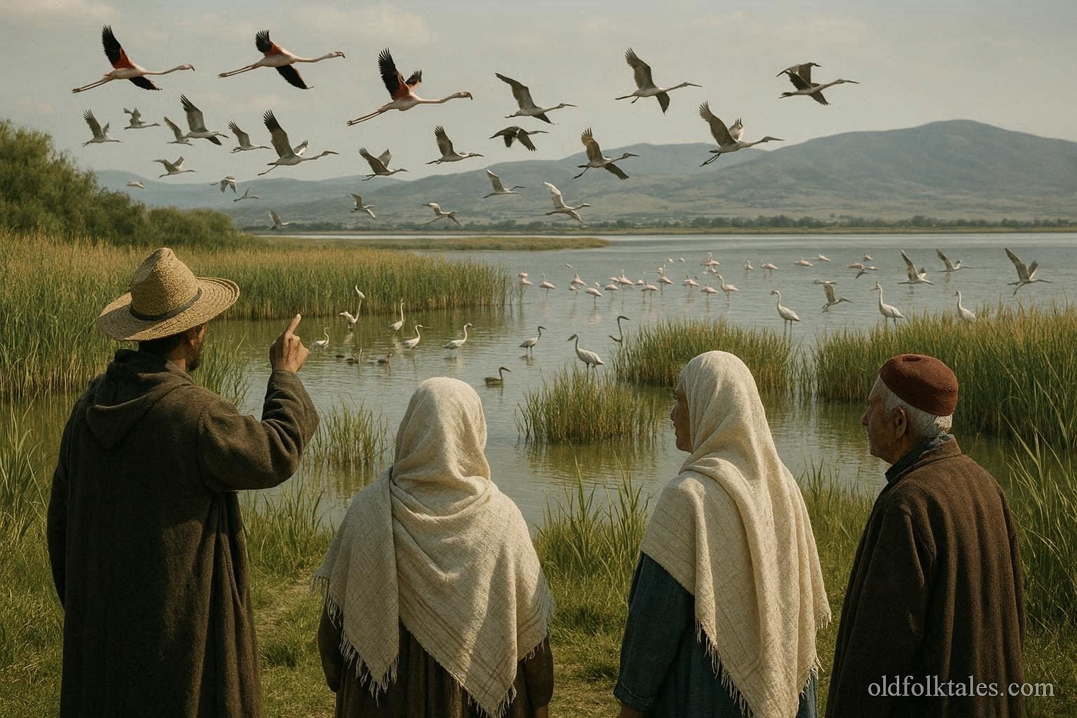 Adult villagers overlooking migratory birds at the wetlands of Lake Ichkeul in northern Tunisia.