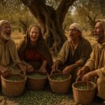 Tunisian farmers singing together while harvesting olives in the ancient olive groves of the Sahel.
