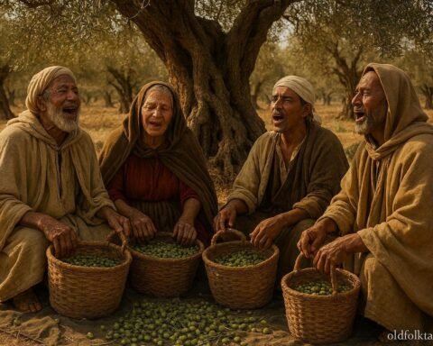 Tunisian farmers singing together while harvesting olives in the ancient olive groves of the Sahel.