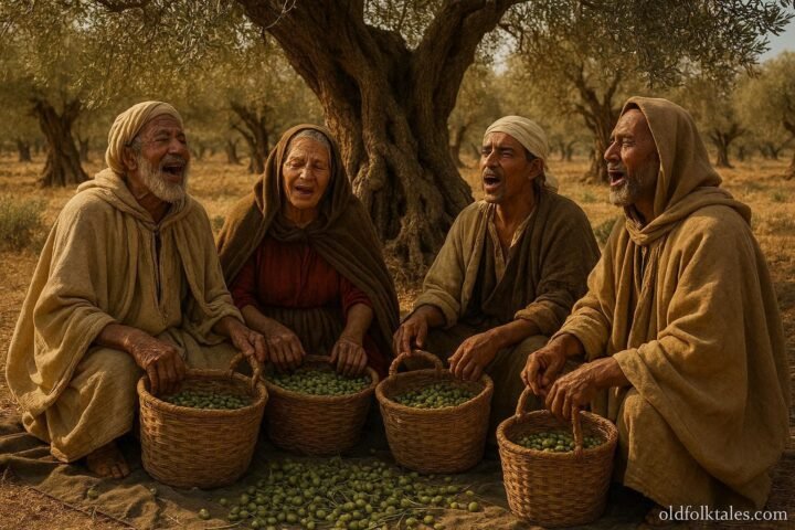 Tunisian farmers singing together while harvesting olives in the ancient olive groves of the Sahel.