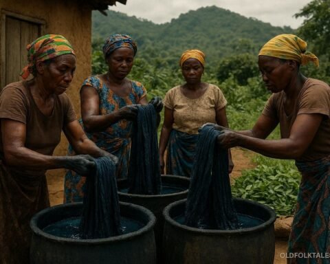 Ewe artisans producing traditional indigo dyed cloth in Kpalimé, Togo.