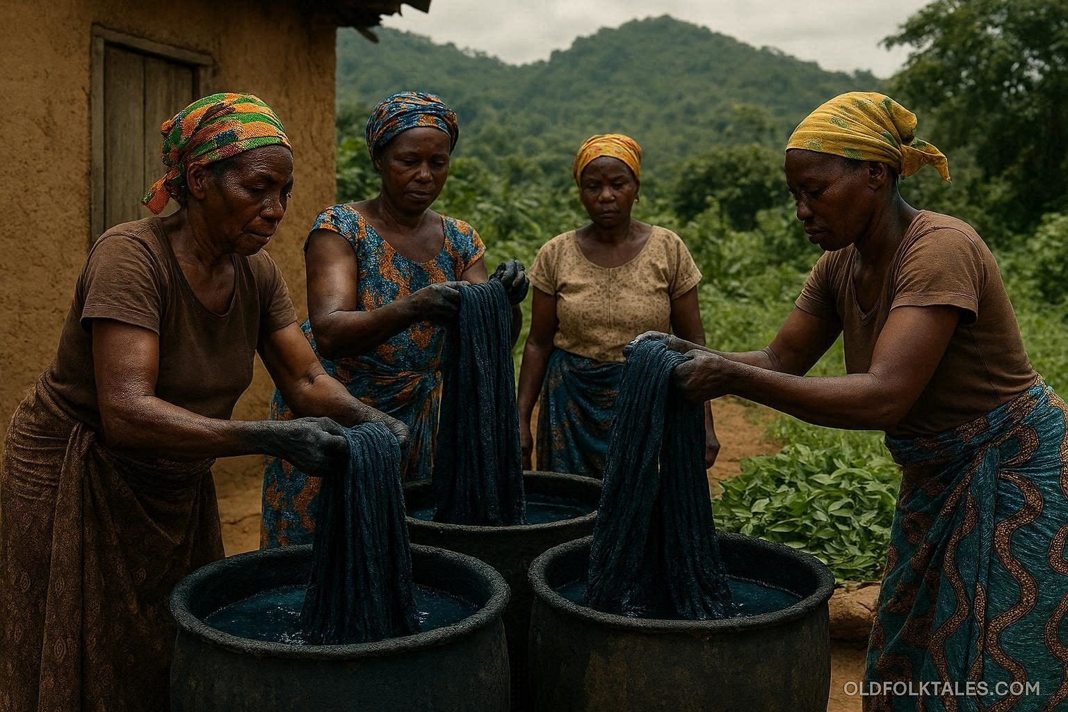 Ewe artisans producing traditional indigo dyed cloth in Kpalimé, Togo.