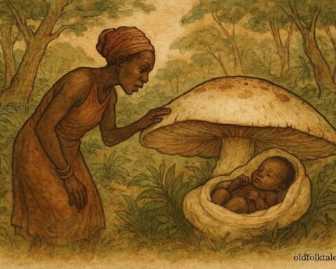 Parchment-style illustration of Inkang finding a miraculous child inside a giant mushroom in an Ikom folktale from Southern Nigeria.
