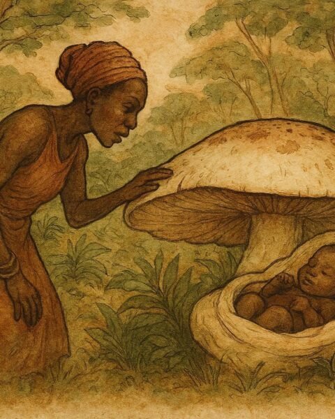 Parchment-style illustration of Inkang finding a miraculous child inside a giant mushroom in an Ikom folktale from Southern Nigeria.